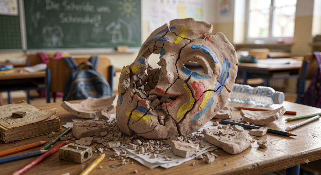 Zerbrochene bemalte Tonmaske auf einem Tisch in einem Klassenzimmer